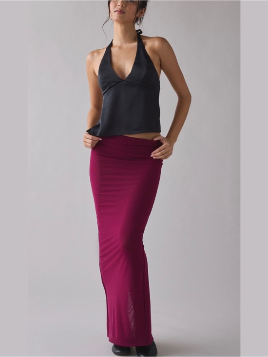 BY.DYLN Dresses & Skirts - by.DYLN Maddox Semi Sheer Mesh Maxi Skirt Plum Burgundy Slit Size Small